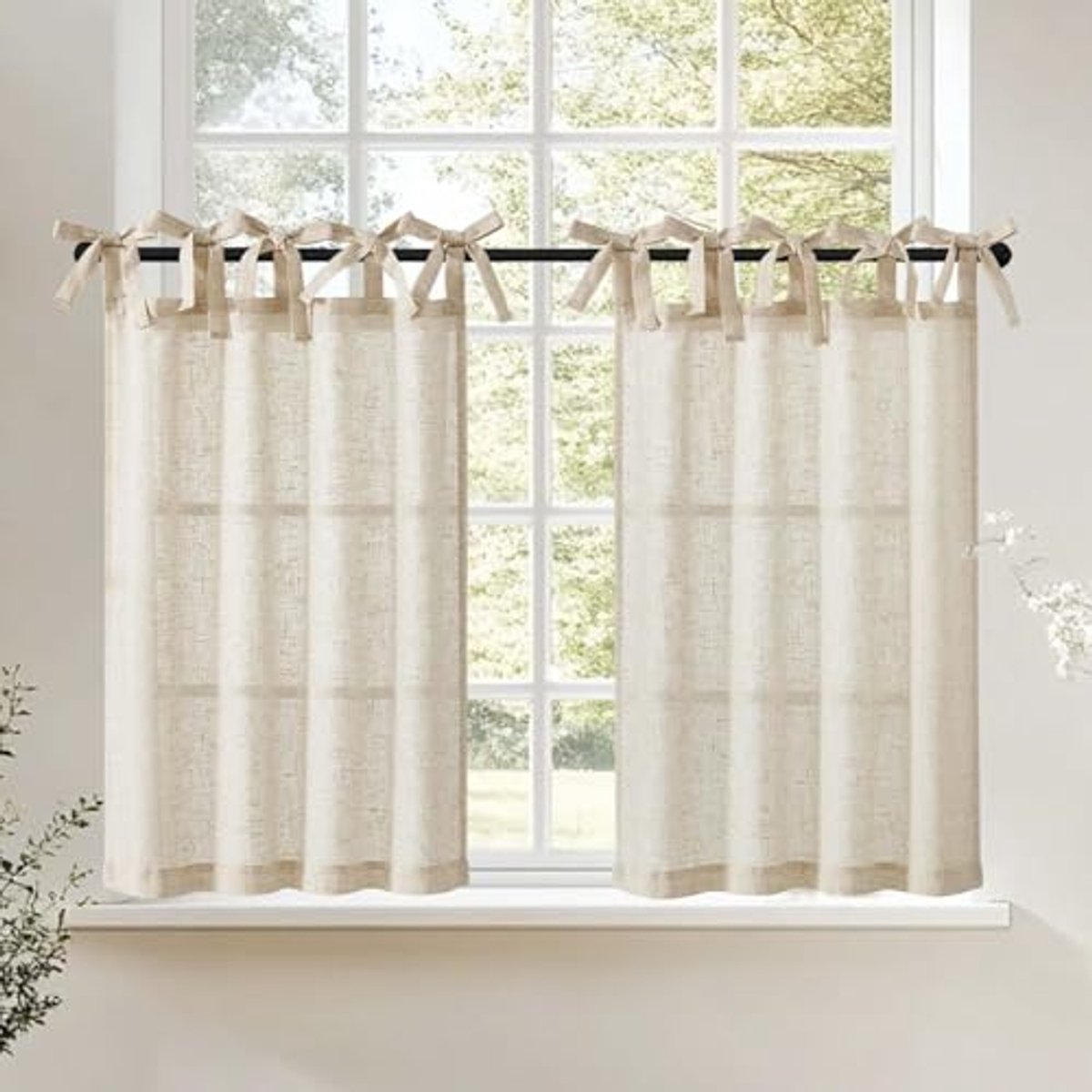 Klein Kort Gordijn voor Keuken | Ecru Linnen Transparant met Strikken | 2 Stuks 65 x 90 cm