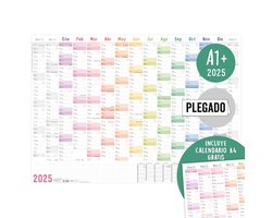 XXL Wandkalender 2025 A1+ in het Spaans - Vouwbare Regenboog + Jaarplanner A4 Gratis met Spaanse Feestdagen - Duurzaam & Klantvriendelijk