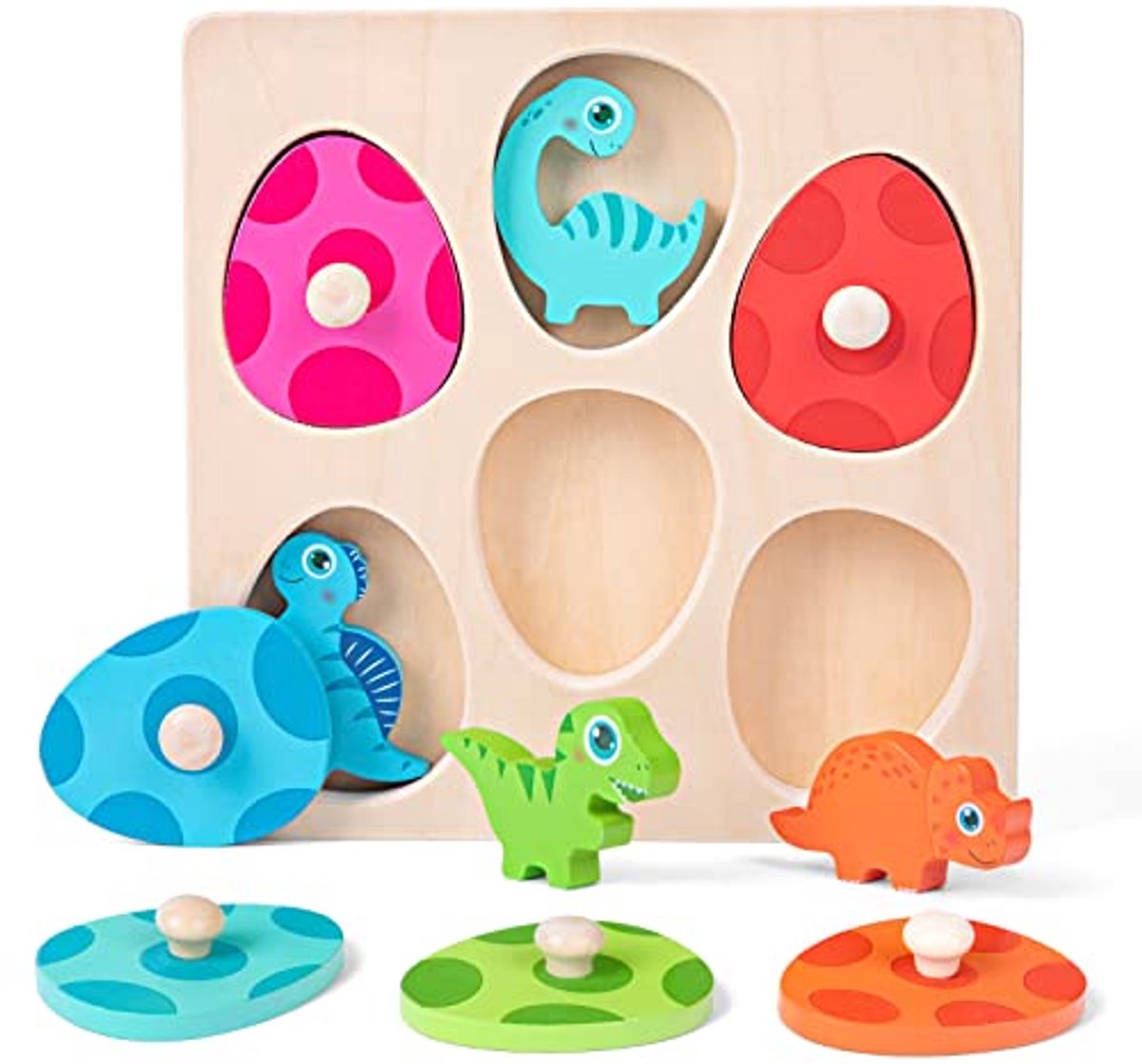 Montessori Houten Puzzel voor Peuters - Dino-Eieren Grijppuzzel