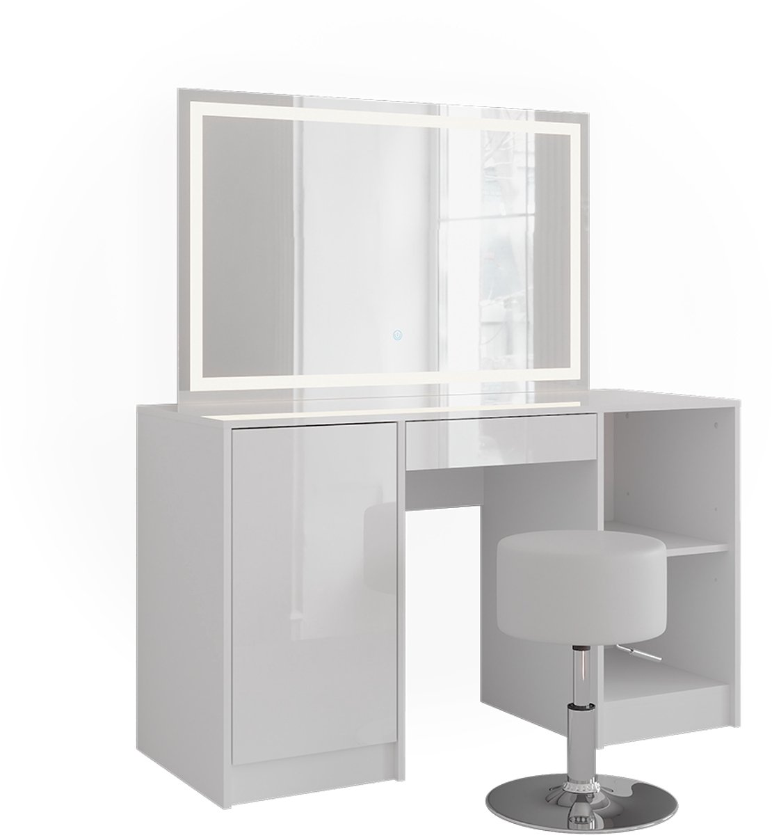 Vicco Sherry Kaptafel set met kruk – 128.2 cm met LED-spiegel en kruk Wit/wit hoogglans