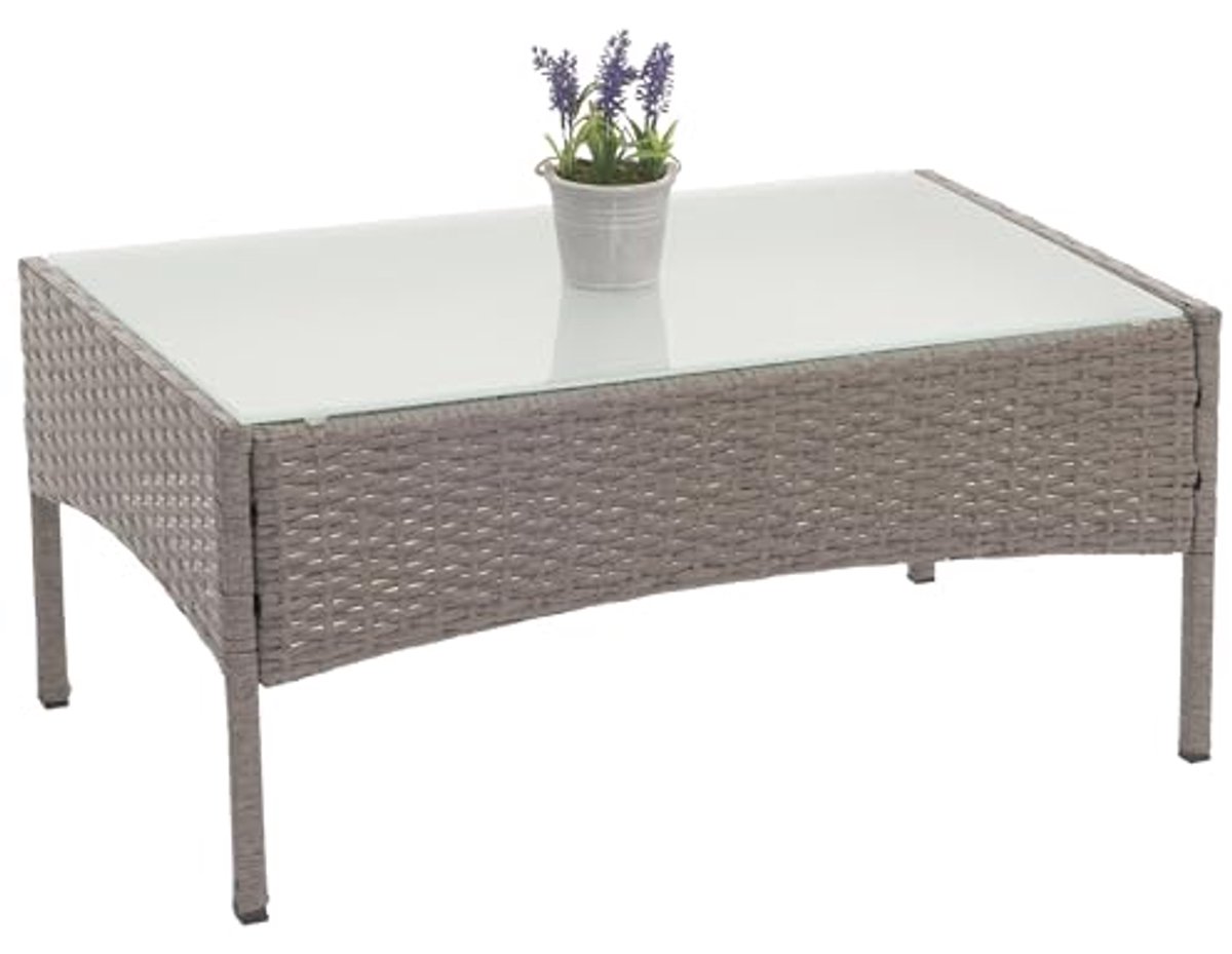 Polyrotan tuintafel met glasplaat - grijs - Bijzettafel voor tuin en woonkamer