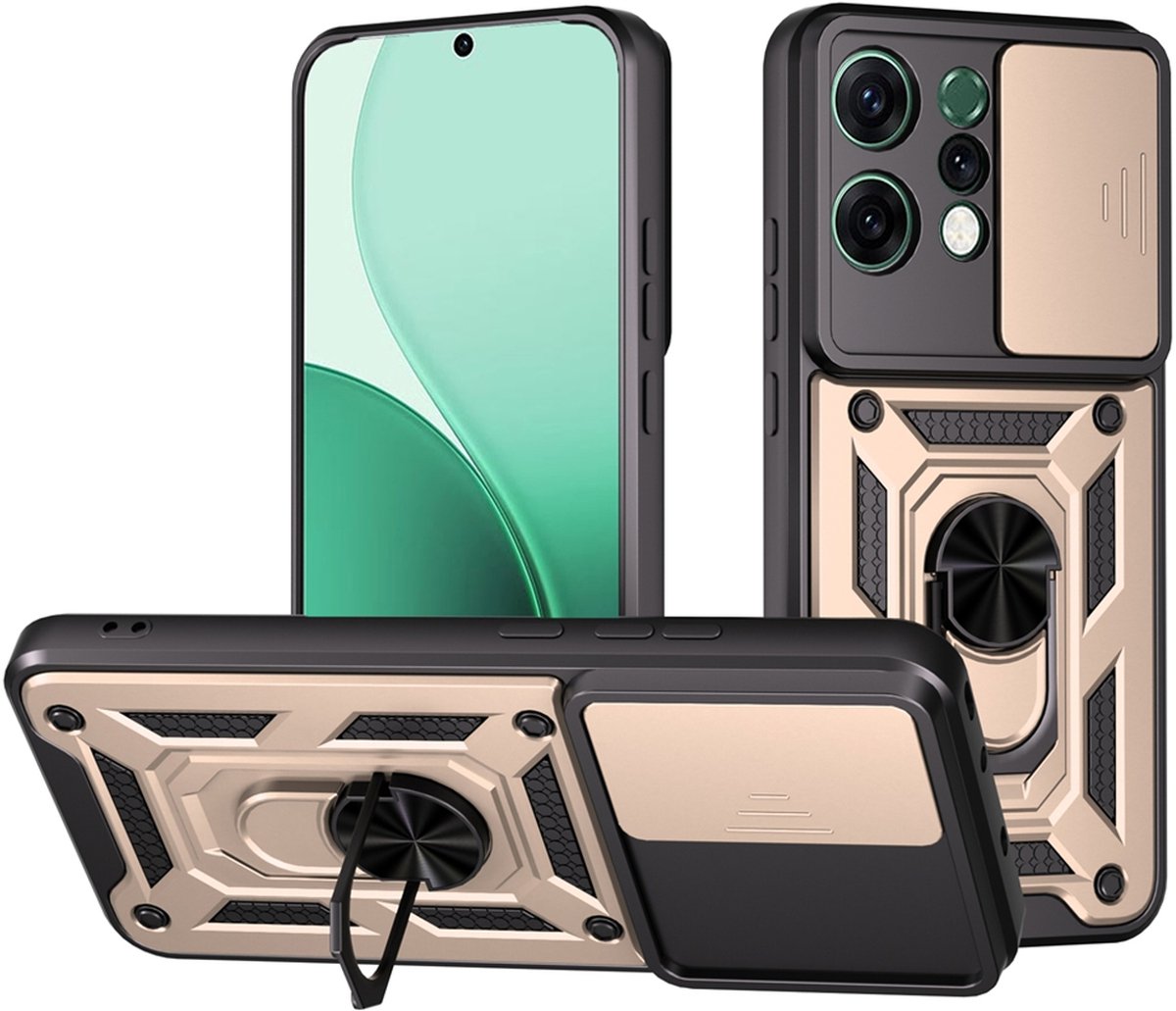 MobyDefend Hoesje - Geschikt voor Oppo Reno14 - Pantsercase Met Draaibare Ring - Goud