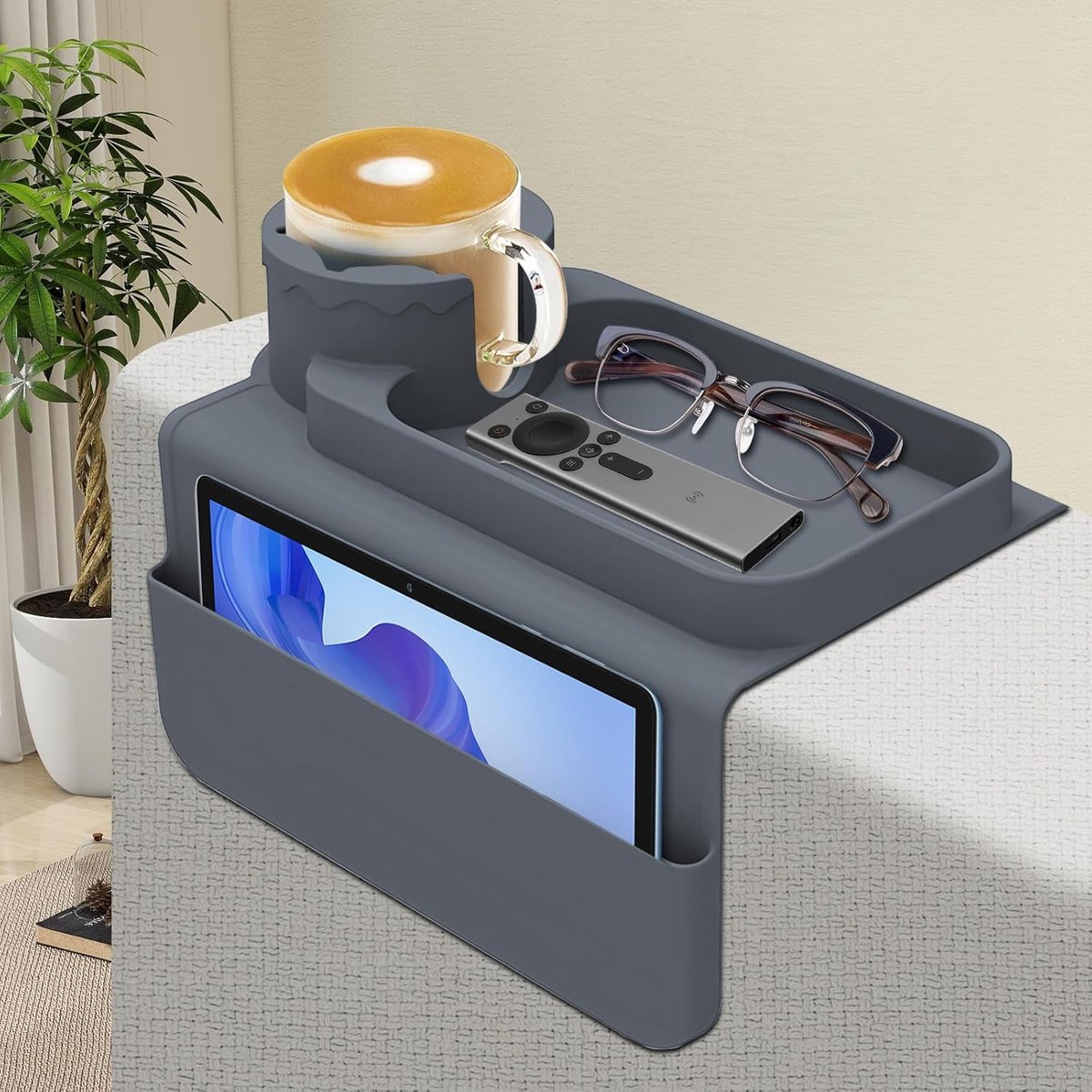 Sofa Tray - Silicone Armrest met Dubbele Zijvakjes - Anti-Spill en Non-Slip - Grote Opbergcapaciteit voor Kopje Telefoon Tablet Afstandsbediening Snack Grijs