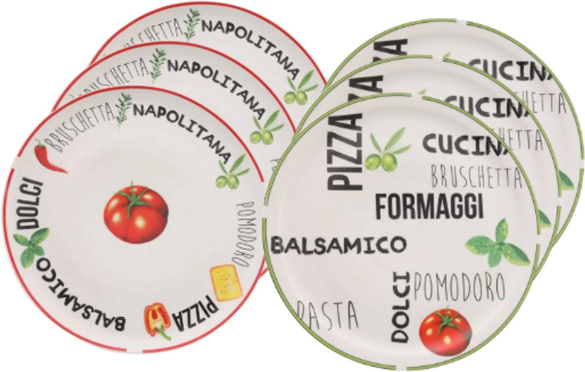 Cookinglife Pizzabord Italia Wit met groente-illustraties - 6 Stuks ø 30 cm - Porselein - Vaatwasser- en Ovenbestendig — afbeelding 1
