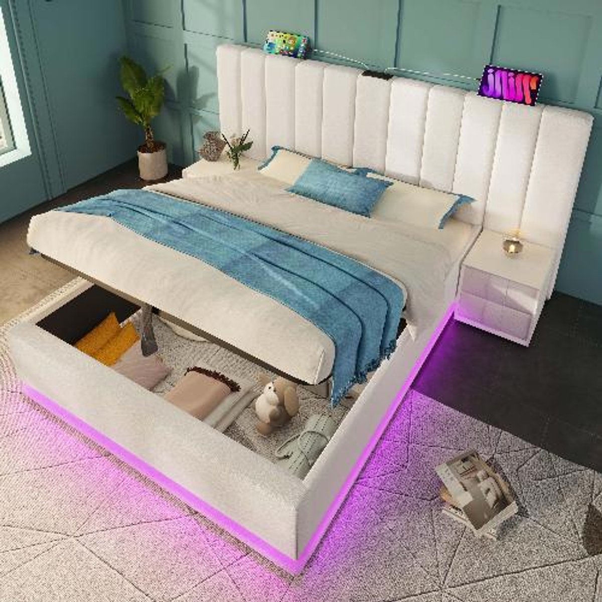 BLACK COLORS Bed 160×200 cm met opbergruimte Gestoffeerd bed Tweepersoonsbed met App Control LED en USB-C Bedframe PU Wit
