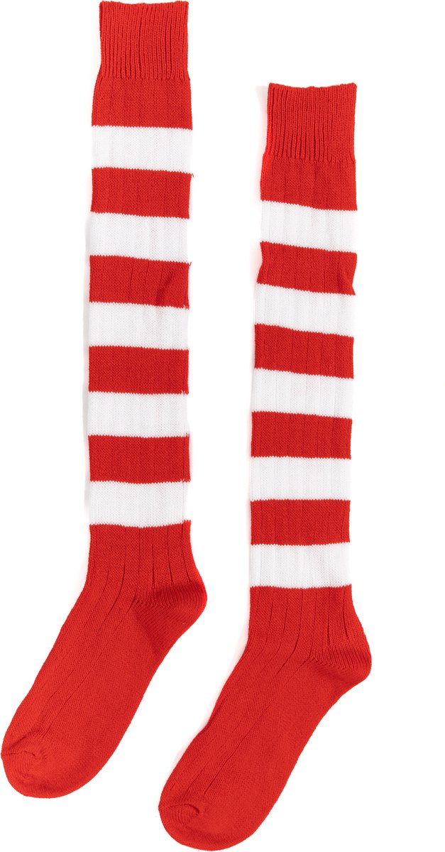 KIMU® Gebreide Lange Sokken Rood Wit Gestreept - 39-46 - Gebreid Carnaval Limburg Dikke Strepen Festival