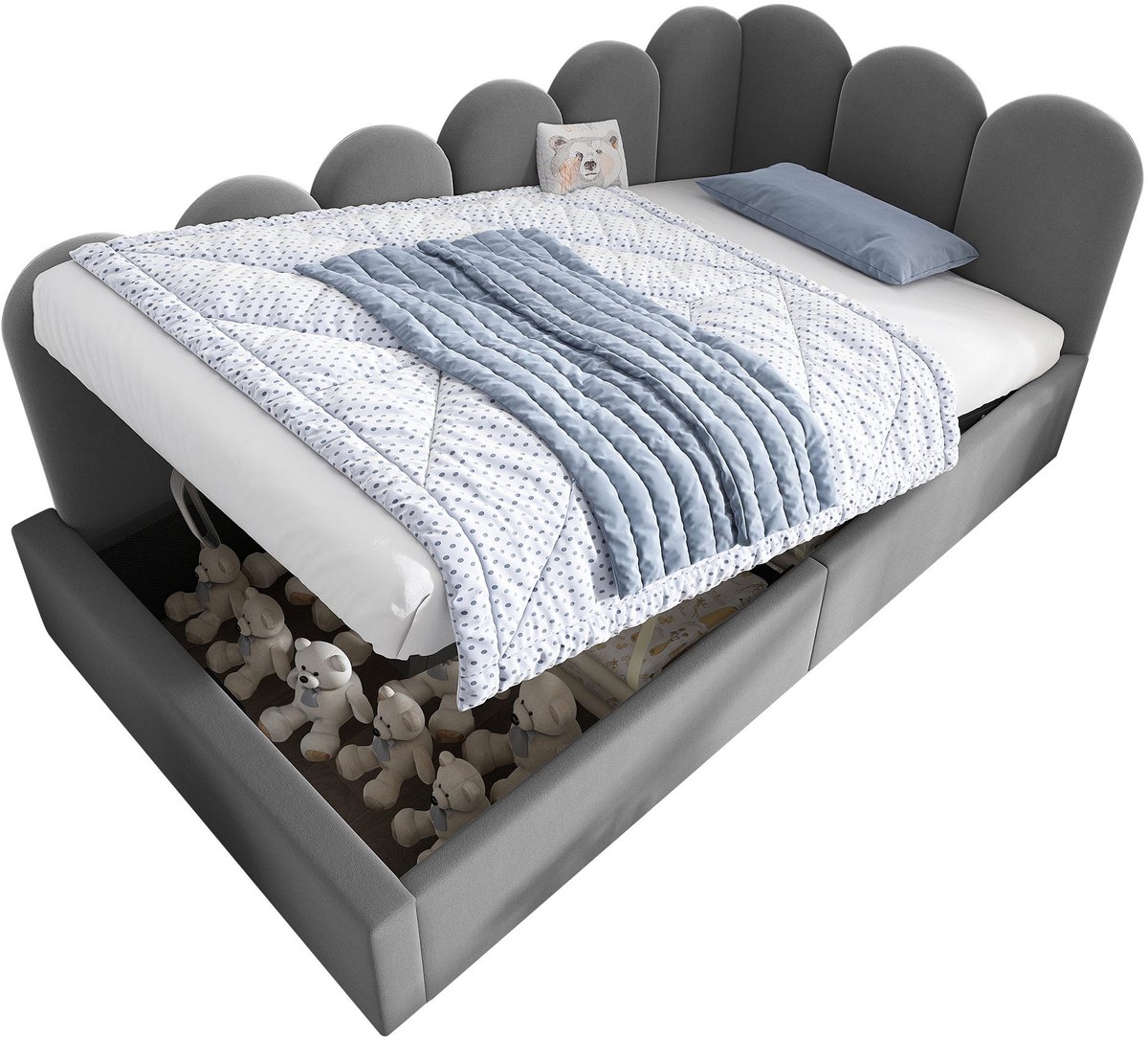 Merax Gestoffeerd Daybed 90x190 cm – Slaapbank met Hydraulische Opbergruimte - Kinderbed met Metalen Lattenbodem - Fluwelen Bekleding - Grijs - Zonder Matras