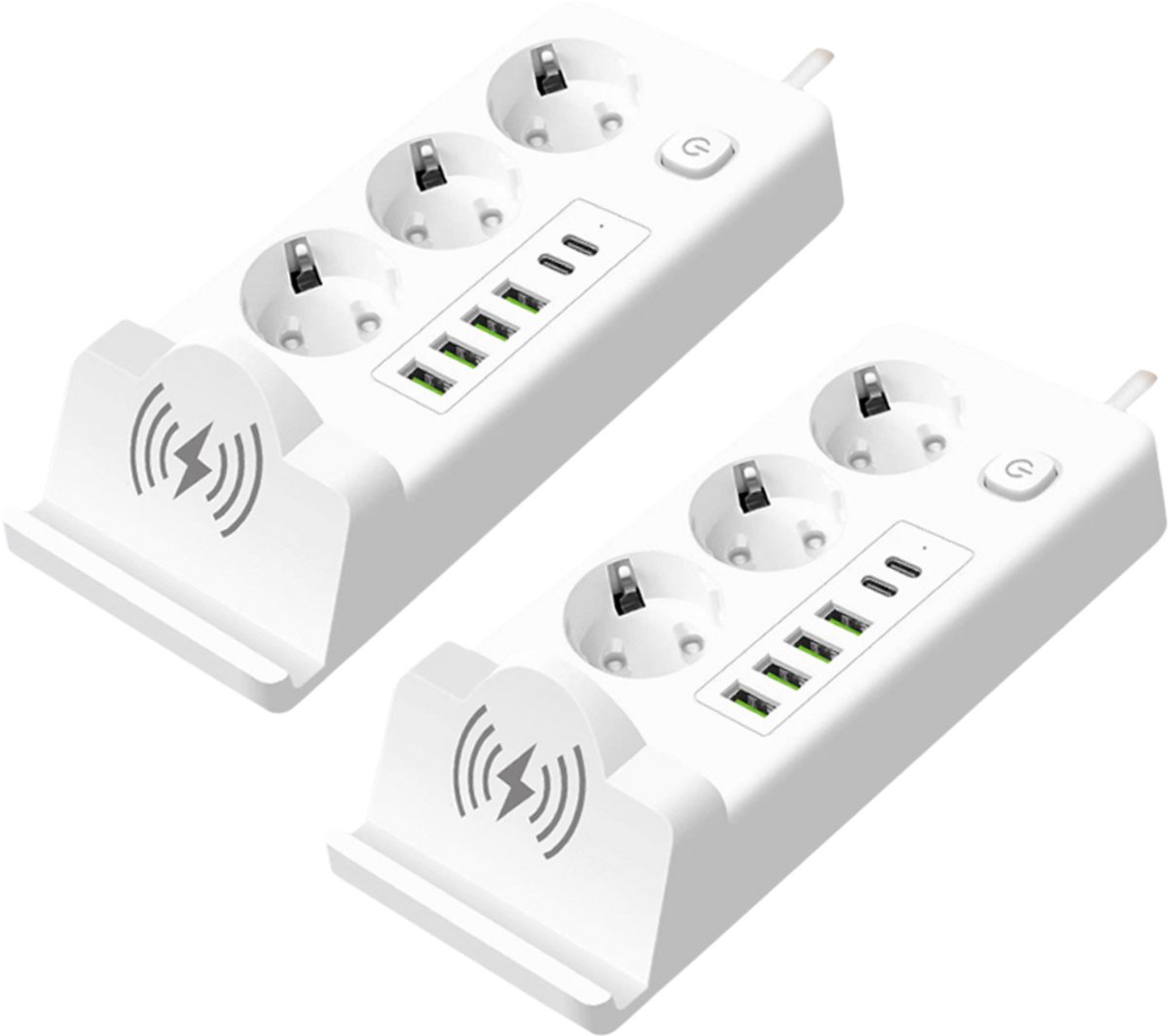 Oneproduct Slimme Stekkerdoos (set van 2) – Verlengsnoer – Stekkerdoos met USB – Draadloze Telefoon Lader– 4x USB-A / 2x USB-C / 3x Stopcontact – Draadloos laden - Wit