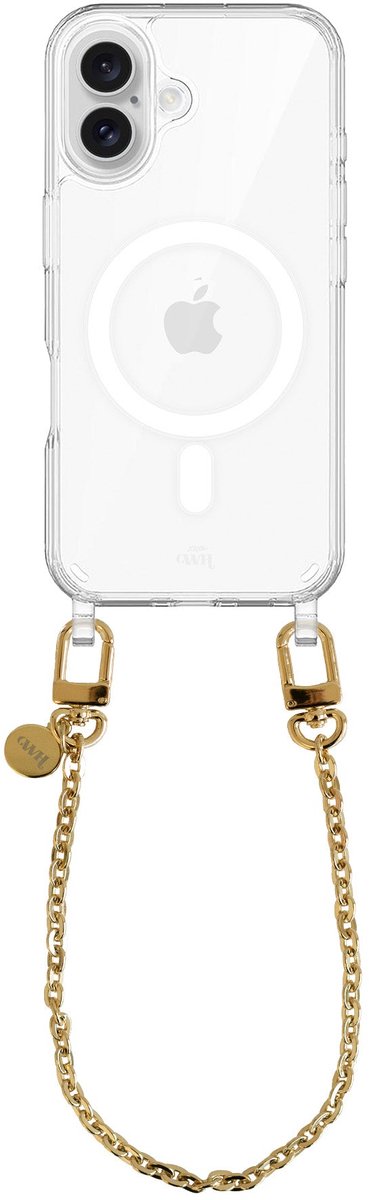 xoxo Wildhearts magnetisch hoesje geschikt voor iPhone 16 MagSafe - Dreamy - Transparant telefoonhoesje met koord - Telefoonkoord - Gouden schakelketting - Kort koord