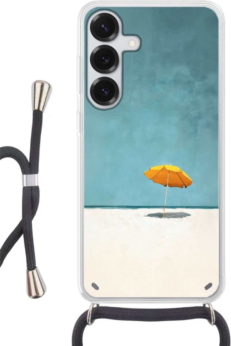 Telefoonhoesje Geschikt voor Samsung Galaxy S25 Plus - Parasol - Geel - Strand - Zee - Siliconen - Crossbody - Backcover met Koord - Telefoonhoesje met koord - Hoesje met touw Telefoonhoesje