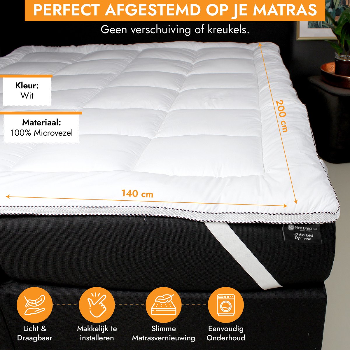 Nice Dreams® Topper 140x200 – Luxe 3D Air Hotel Topmatras – Zachte & Orthopedische Topdekmatras – Wasbaar & Anti-Allergisch – Met Elastische Hoeken – Wit – Tweepersoons thumbnail 2