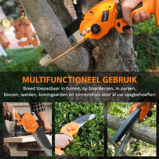 Grenintol Mini Kettingzaag - Kettingzaag - Draadloze Kettingzaag - Handkettingzaag - Snoeizaag - Takkenzaag - Elektrisch Kettingzaag Met 6000mAh/24V & Automatische Smering - Brushless Motor, 2 Kettingen + Opbergkoffer - Voor Snoeien, Houtbewerking van Grenintol — afbeelding 2