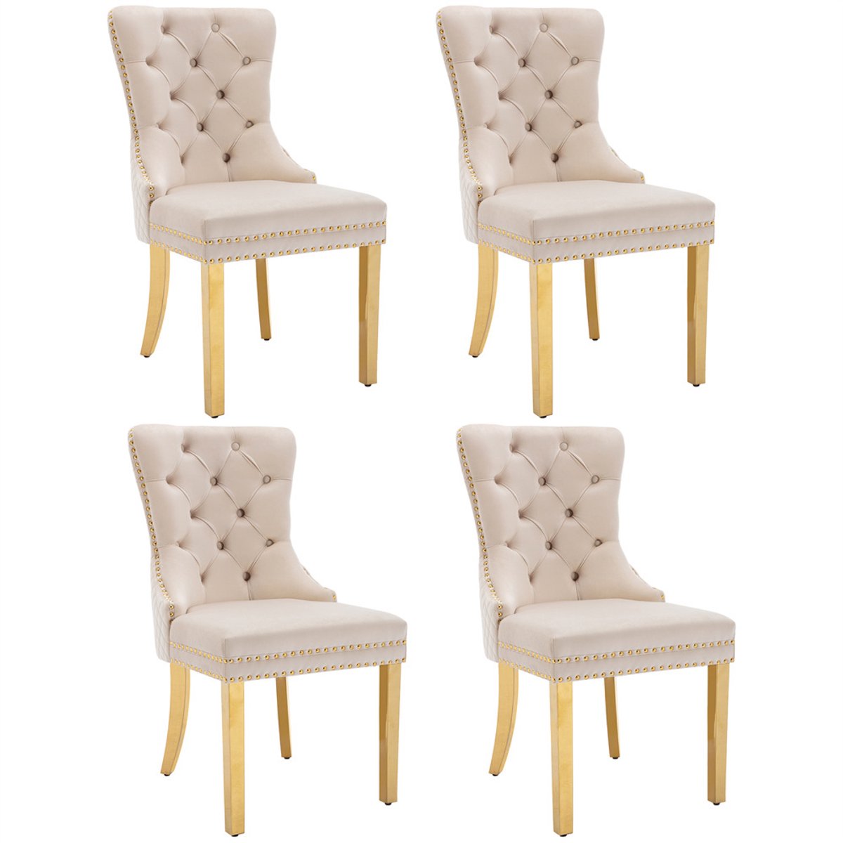 YEHTOKHOME Set van 4 Fluwelen eetkamerstoelen, Keukenstoel woonkamerstoel met deurklopper, Gestoffeerde stoel met klinknagels, Eetkamerstoel in vintage stijl, Gouden metalen poten, Beige, b 51 x d 65.5 x h 95 cm