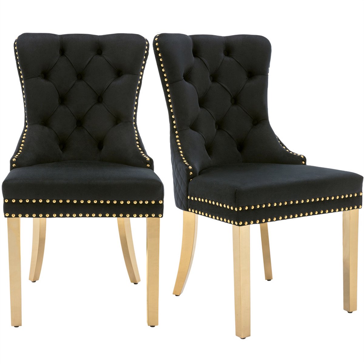 YEHTOKHOME Set van 2 Fluwelen eetkamerstoelen, Keukenstoel woonkamerstoel met deurklopper, Gestoffeerde stoel met klinknagels, Eetkamerstoel in vintage stijl, Gouden metalen poten, Zwart, b 51 x d 65.5 x h 95 cm