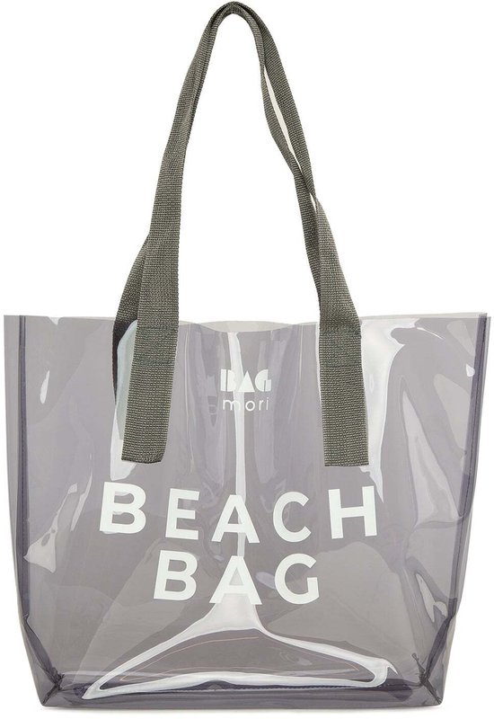 Sac de plage transparent gris avec inscription blanche 'BEACH BAG' et anses gris foncé.