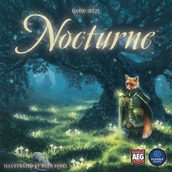Illustratie van een vos in mantel in boslandschap met gloeiende paddenstoelen en tekst 'Nocturne'.