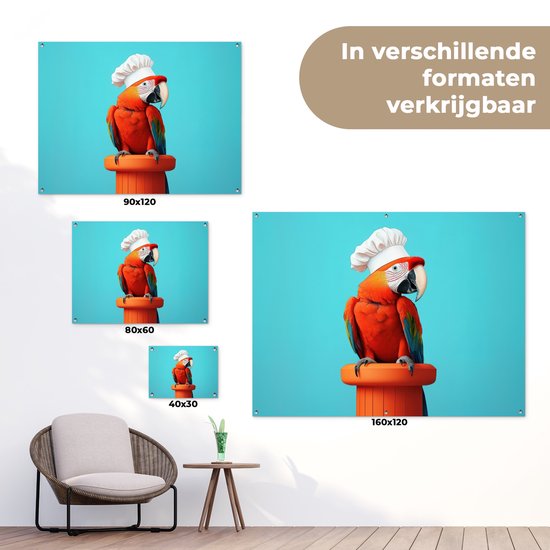 Tuinposter 160x120 cm - Tuindecoratie Ara - Koksmuts - Sokkel - Grappig - Poster voor in de tuin - Buiten decoratie - Schutting tuinschilderij - Tuindoek muurdecoratie - Wanddecoratie balkondoek