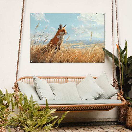 Affiche de jardin 120x80 cm - Décoration de jardin Renard - Herbe - Nuages ​​- Oranje - Affiche pour le jardin - Décoration extérieure - Tableau de jardin clôture - Décoration murale en tissu de jardin - Décoration murale en tissu de balcon