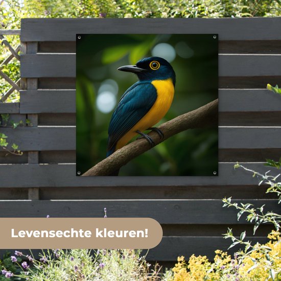 Affiche de jardin 100x100 cm - Décoration de jardin Vogel - Branche - Jaune - Feuilles - Affiche pour le jardin - Décoration extérieure - Tableau de jardin clôture - Décoration murale sur toile de jardin - Décoration murale sur toile de balcon