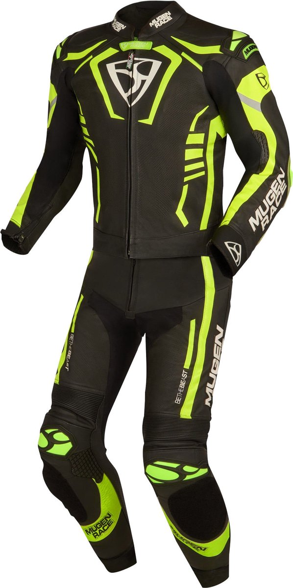 MUGENRACE Predator Zwart Wit Neon Geel Geperforeerd 2-Delig Motorpak - Racepak