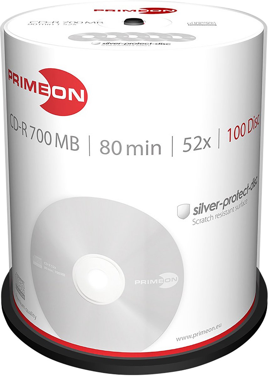 Primeon 2761103 CD-R 80 disc 700 MB 100 stuk(s) Spindel Mat zilver oppervlak