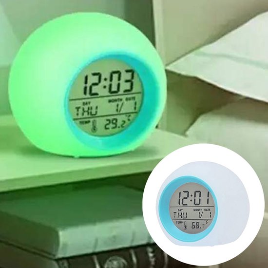 Kinderwekker - Kleurveranderende Nachtlamp - ABS Veilig Materiaal - Wekker met Temperatuur Display - Voor Slaapkamer - Jongens en Meisjes - Blauw - 7 Kleuren - 1 Stuk