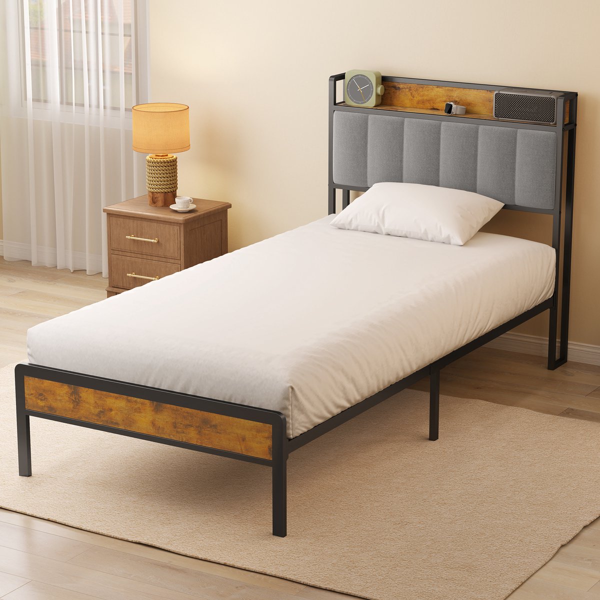 Xbro Bed 90 x 200 cm met Hoofdbord en Metalen Bedbodem, Eenpersoonsbed met 35 cm Opbergruimte, Gemakkelijk te Monteren — cadeau in Cadeau-ideeën - foto 5