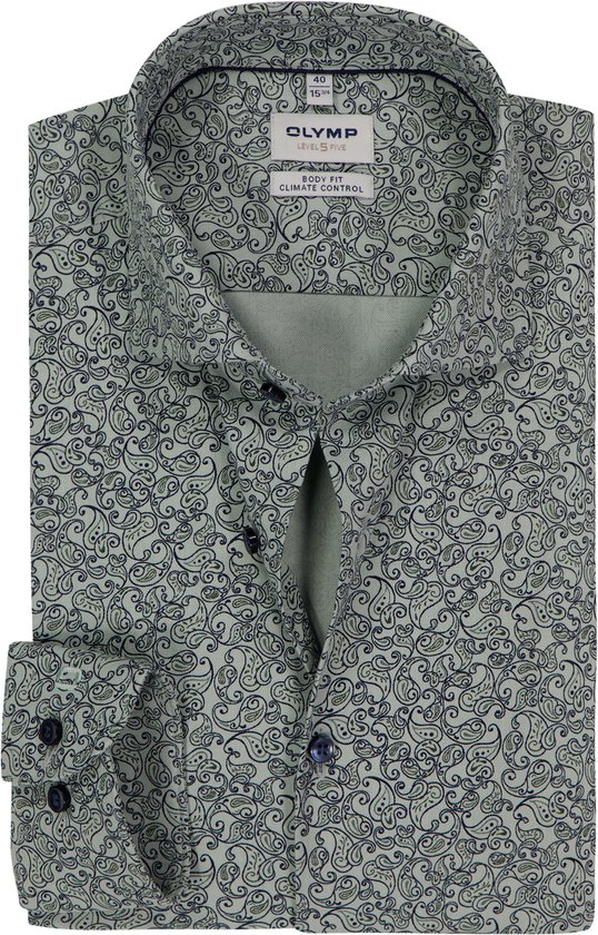 Foto: Olymp 24 7 level 5 body fit overhemd dobby licht grijsgroen dessin strijkvriendelijk boordmaat 43