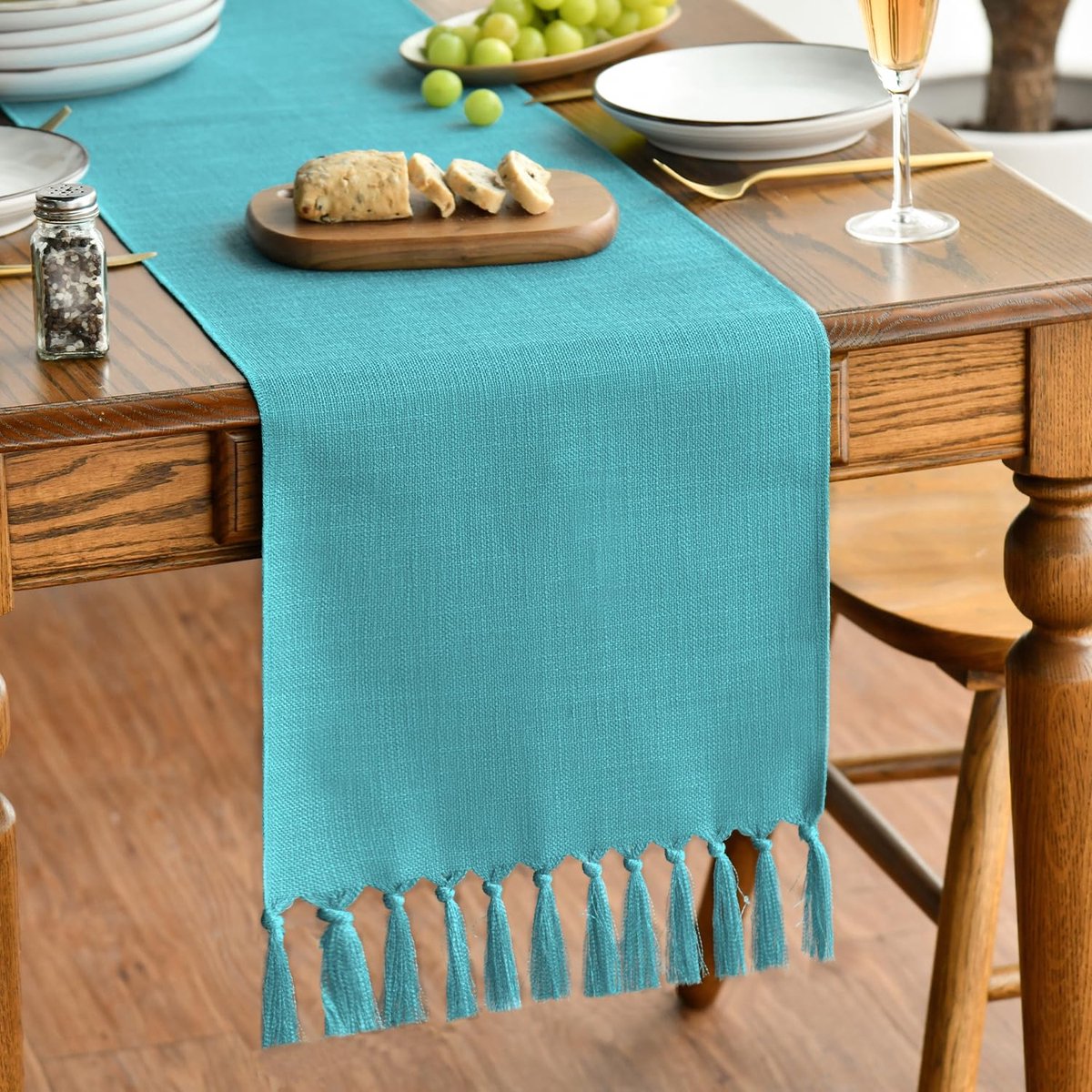 Tafelloper - Landelijke stijl met kwastjes, Wasbaar - voor tafeldecoratie - Turquoise 33x143 cm