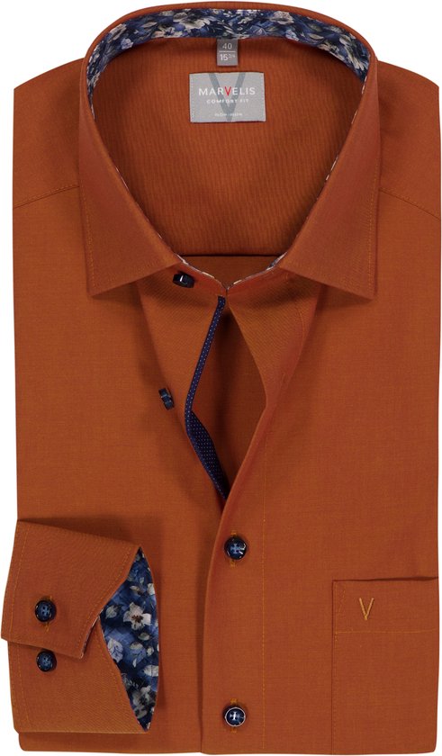 MARVELIS comfort fit overhemd - popeline - oranje - Strijkvrij - Boordmaat: 43