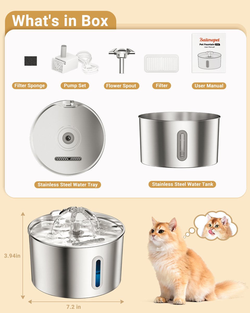 BalimoPet Drinkfontein Kat en Hond - RVS - 2.2L Waterfontein Kat en Hond - Incl 3 Filter + 3 Sponzen en 1 cleaning tool - Fluisterstil thumbnail 2