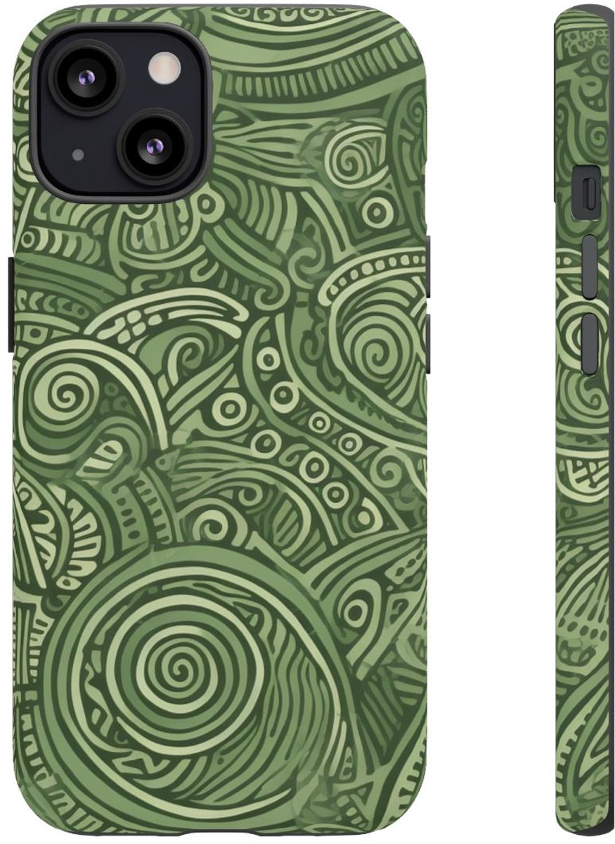 Abstract Groen Tribal Doodle Patroon – Telefoonhoesje Geschikt voor iPhone 13