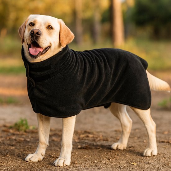 Labrador met een zwarte fleece badjas aan in een bosrijke omgeving.