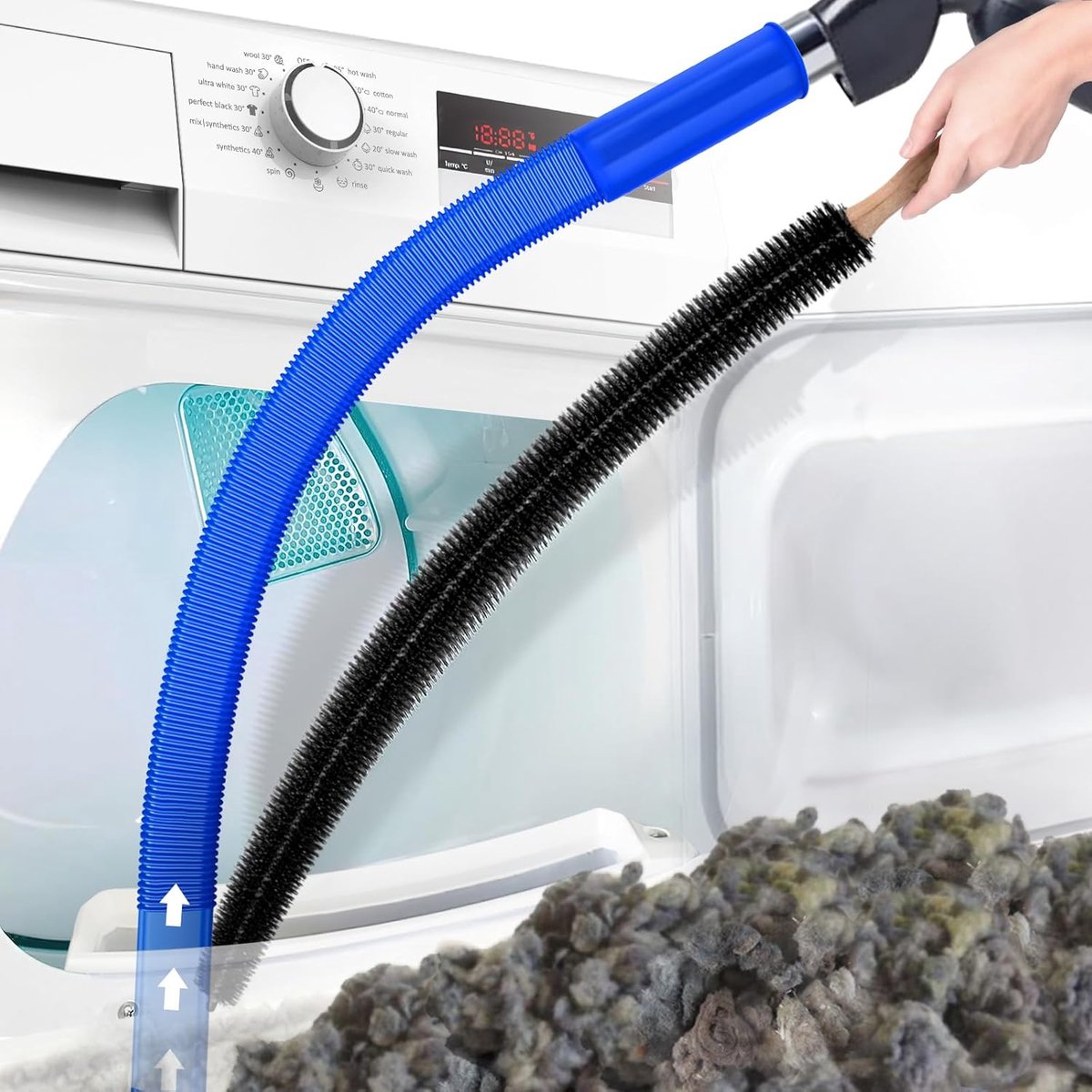 2-delige drogerventilatiereinigingsset, compatibel met alle stofzuigers, drogerpluizenborstel en stofzuigerslang, snelle pluizenverwijderaar, donkerblauw