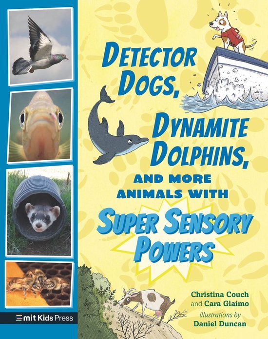 Boek "Detectorhonden, Dynamiet Dolfijnen en meer dieren met superzintuigen". Met afbeeldingen van een duif, vis, fret, bijen, hond, dolfijn en geit.