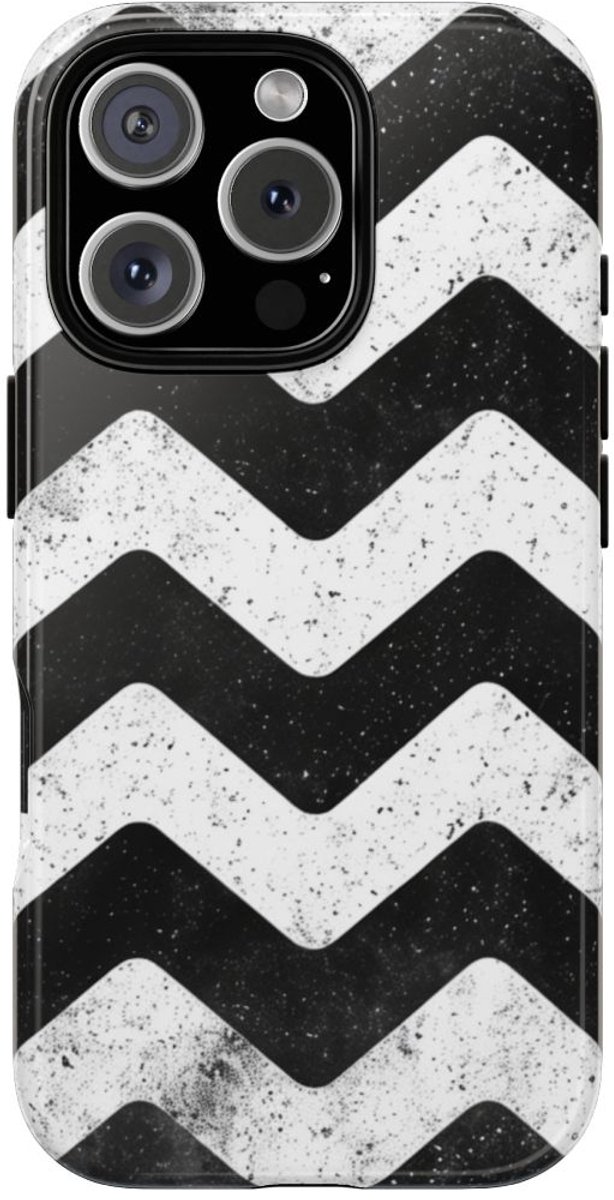Zwart-Wit Zigzagpatroon met Vintage Effect – Telefoonhoesje Geschikt voor iPhone 16 Pro