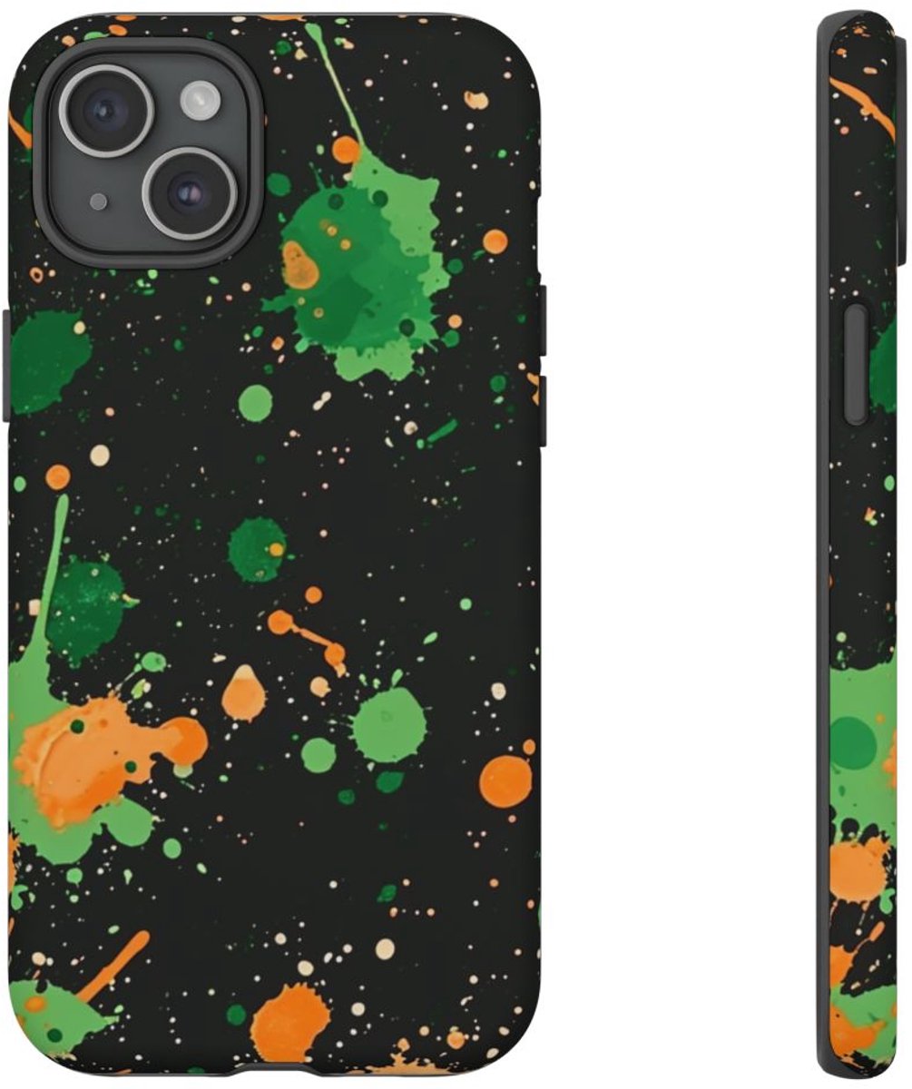 Groene en Oranje Verfspattenpatroon – Telefoonhoesje Geschikt voor iPhone 15 Plus