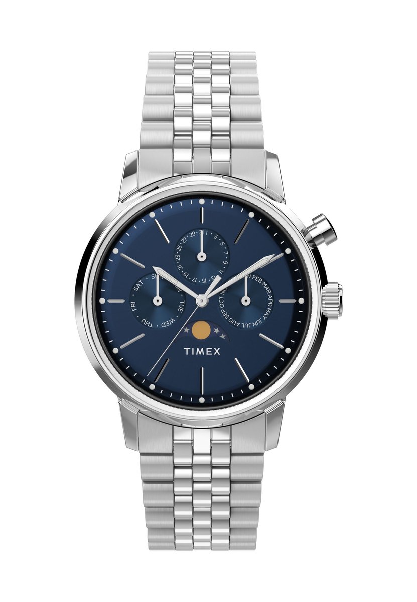 Timex Marlinâ® Moon Phase Kwarts Analoog Horloge Zilverkleur En Blauw Case: 100% Stainless Steel | Armband: 100% Stainless Steel 40 TW2W51300AJ