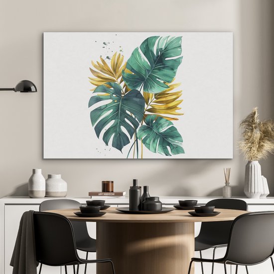 Akoestisch wandpaneel 100x70 cm - Vilt schilderij Bladeren - Monstera - Groen - Goud - Modern - Akoestische panelen - Geluidsdempende wanddecoratie - Geluidsisolatie woonkamer - Muurdecoratie geluidspanelen
