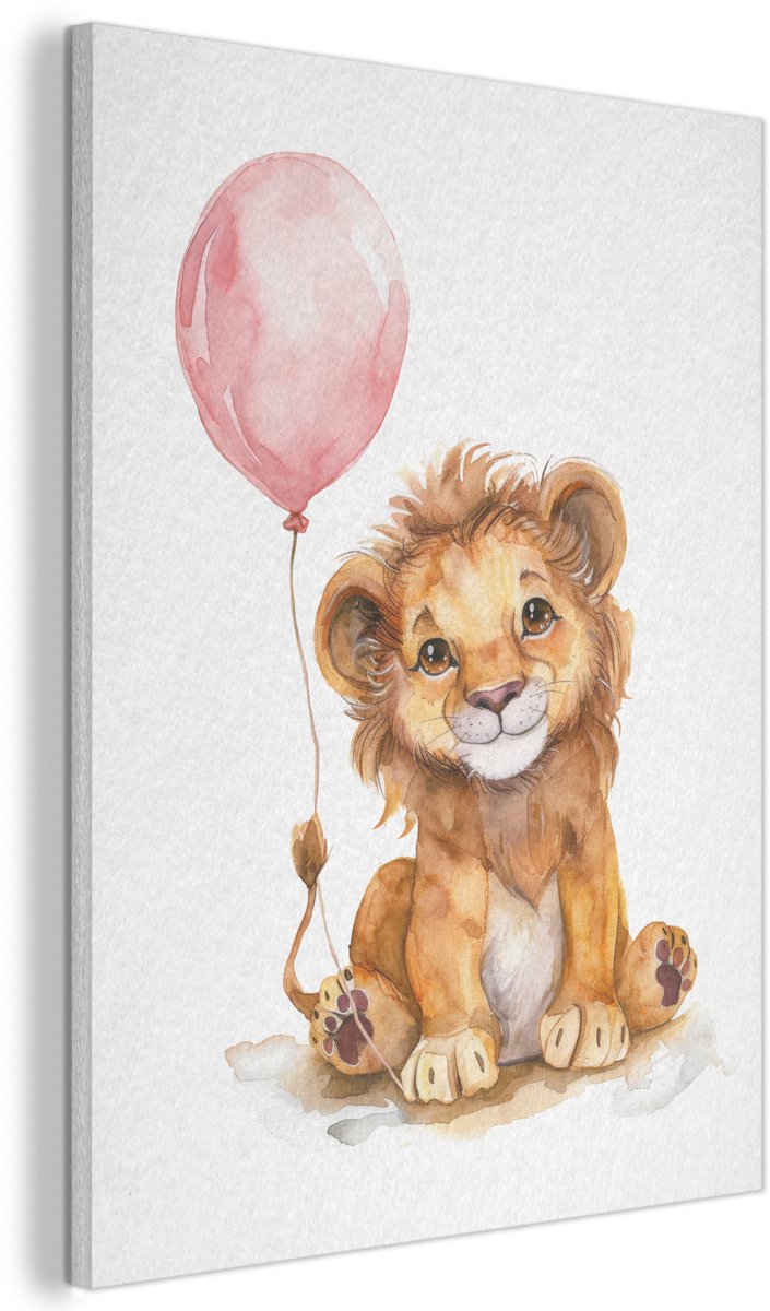 Akoestisch wandpaneel 50x70 cm - Vilt schilderij Leeuw - Baby dier - Dieren - Roze ballon - Akoestische panelen - Geluidsdempende wanddecoratie - Geluidsisolatie woonkamer - Muurdecoratie geluidspanelen