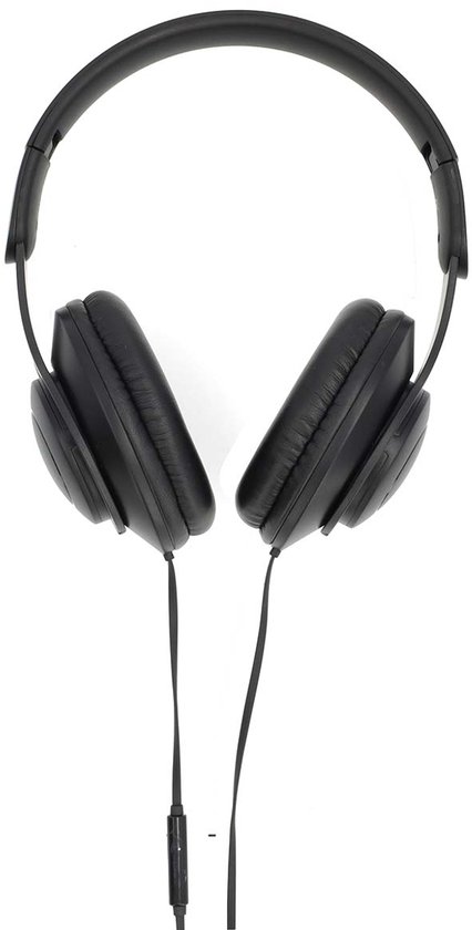 Zwarte over-ear koptelefoon met gevlochten kabel die naar beneden hangt.