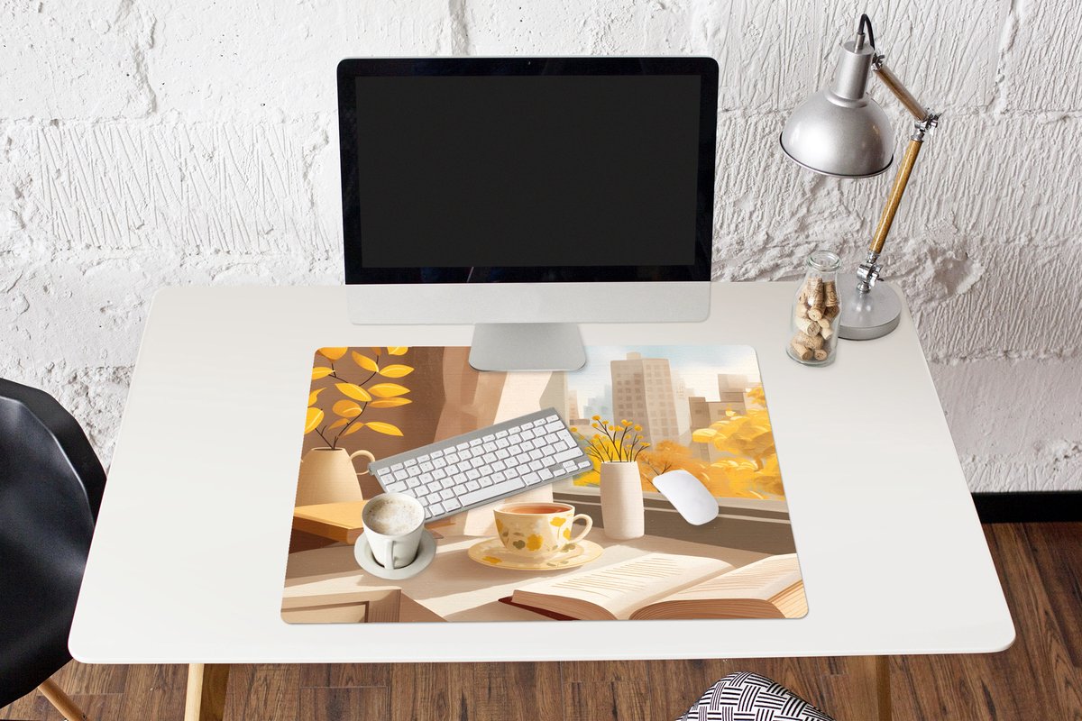 Muismat XXL 80x60 cm - Bureau onderlegger - Bureau mat Thee - Boek - Thee - Herfst - Bureaumat - Gaming mousepad xl - Bureaulegger groot - Computer deskmat