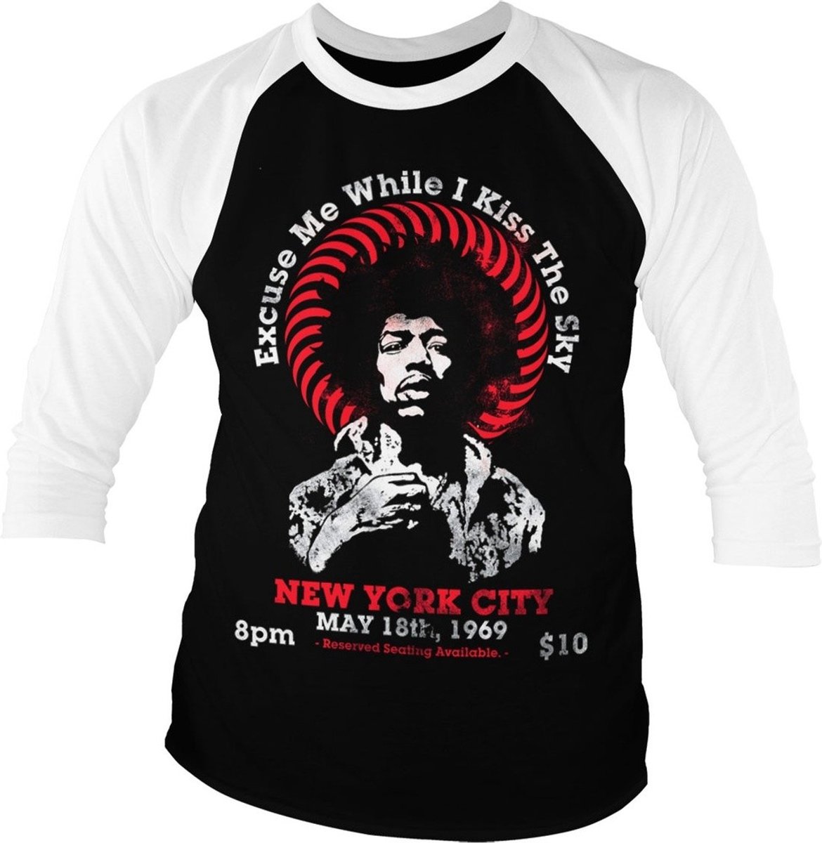Jimi Hendrix Live In New York Base-ball T-shirt met 3/4-mouwen, wit-it-e-Black