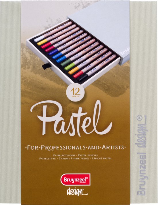 Doos met 12 Bruynzeel Design pastel potloden in diverse kleuren, geopend met de potloden zichtbaar.