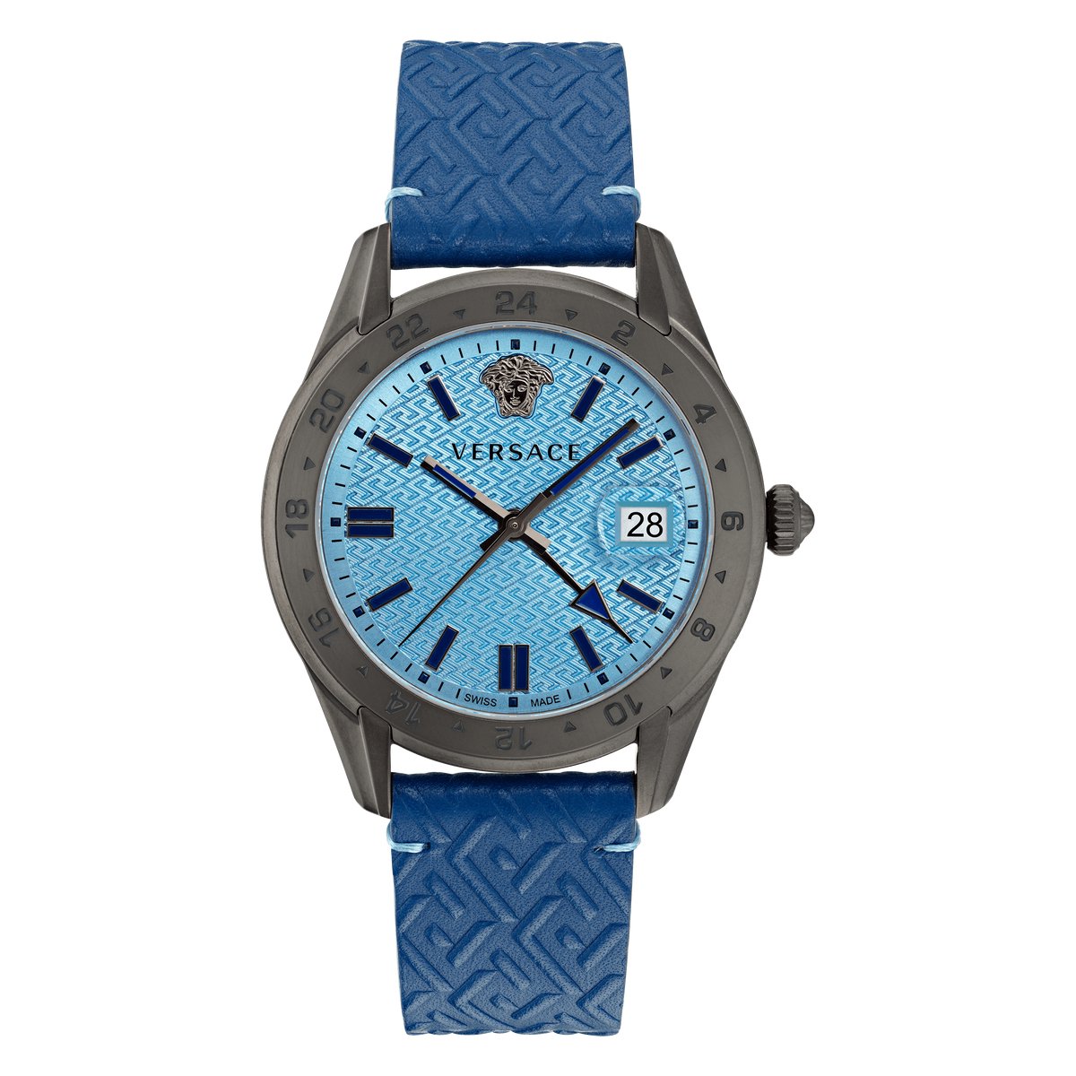 Versace Greca Time GMT VE7C00423 Horloge - Leer - Blauw - Ø 41 mm