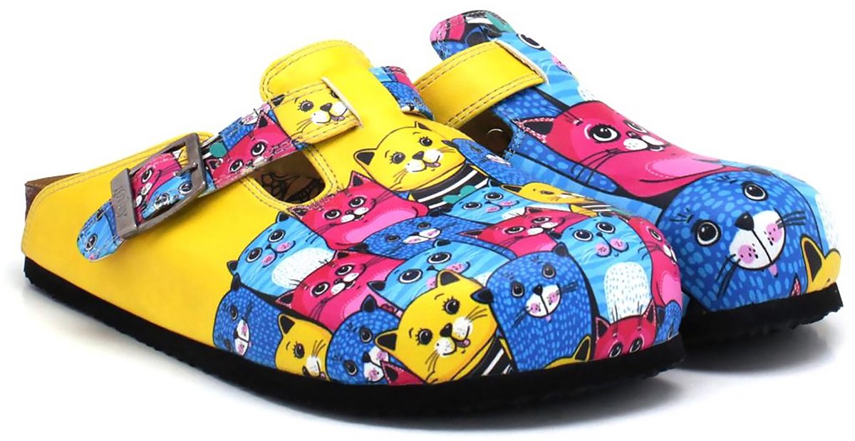Goby - Happy Cats Dames Clogs - Handgemaakt - Kattenprint - Maat 36
