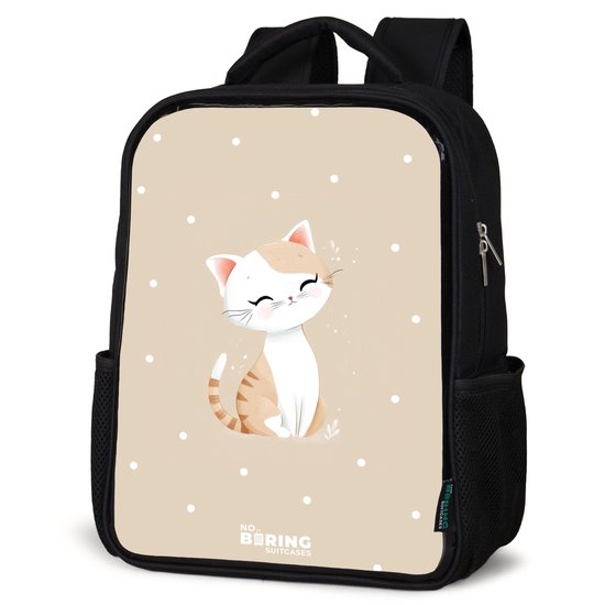 NoBoringSuitcases.com® - Rugzak zwart - Schooltas jongen & meisje - Kat omringd door beige stippen - Rugtas voor school - Boekentas kind - Schoolrugzak - Kinderrugzak