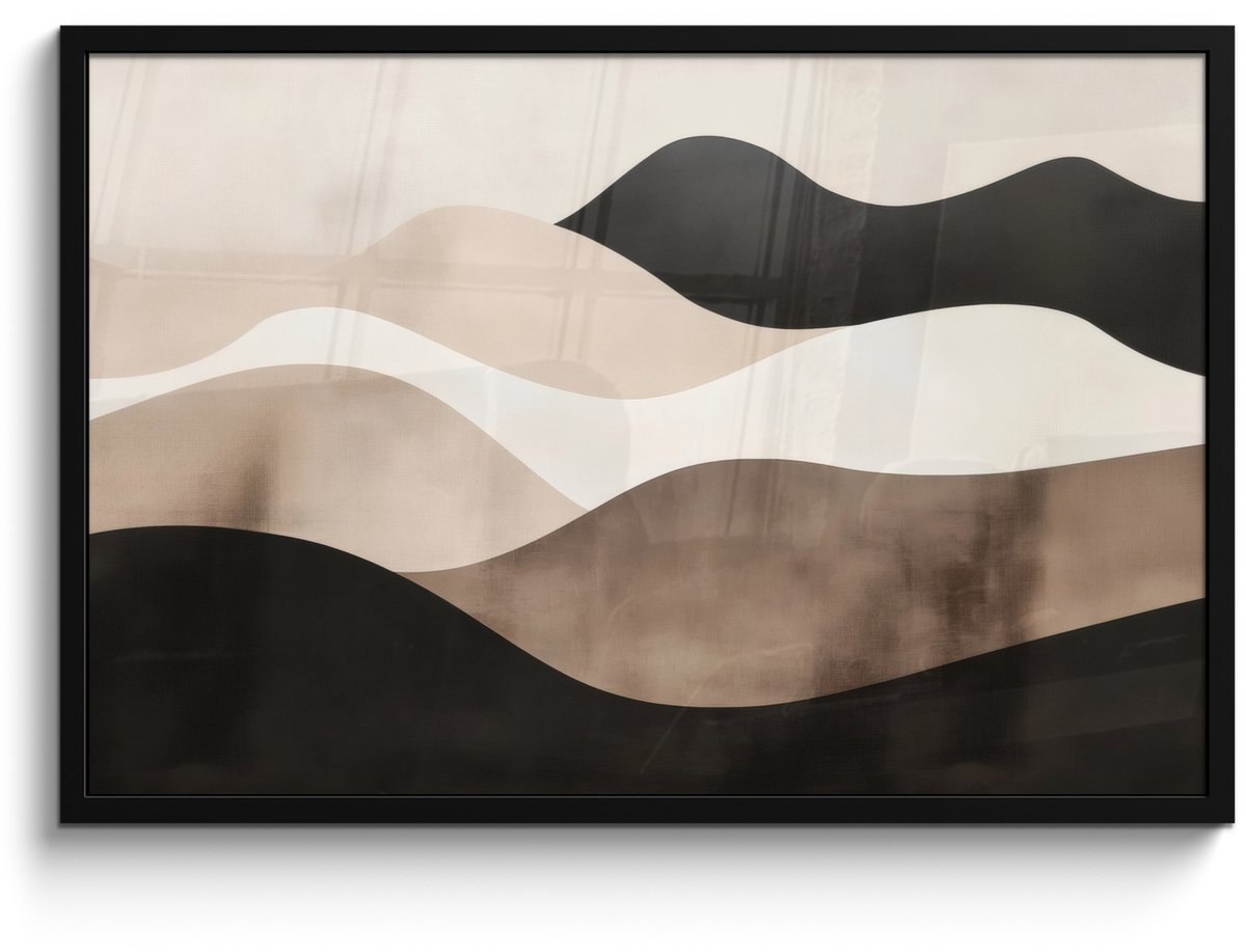 FrameYourWall Poster in lijst - Fotolijst 90x60 cm - Posters - Abstract - Landschap - Golven - Crèmekleur - Posterlijst zwart - Decoratie - Wanddecoratie woonkamer - Muurdecoratie slaapkamer Golven - Abstract - Crèmekleur