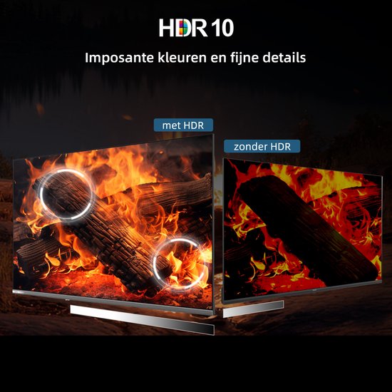 Twee tv's tonen het verschil tussen HDR en zonder HDR bij het weergeven van brandend hout. "Imposante kleuren en fijne details."