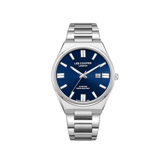 Zilverkleurig herenhorloge met blauwe wijzerplaat, datum en metalen band.